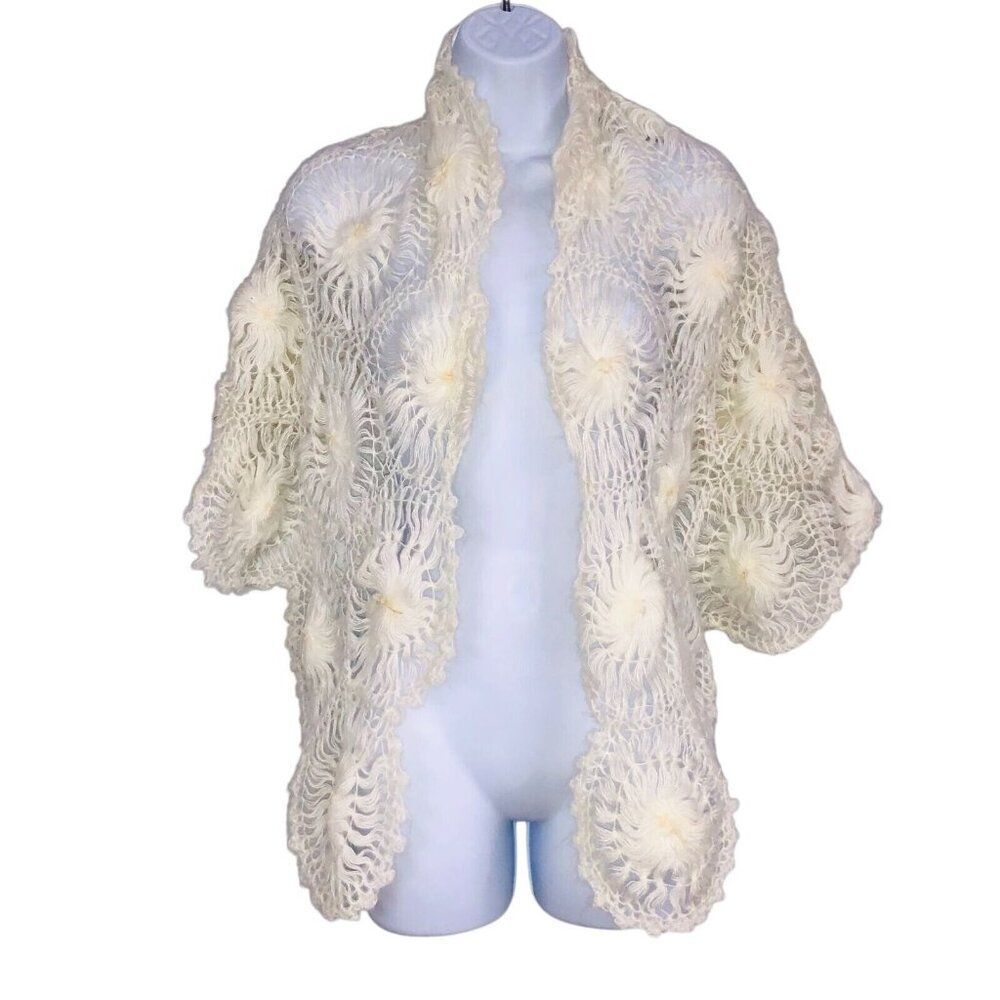Vintage Womens Scarf One Size White Rectangle Knit Winter Pattern Shawl Wrap